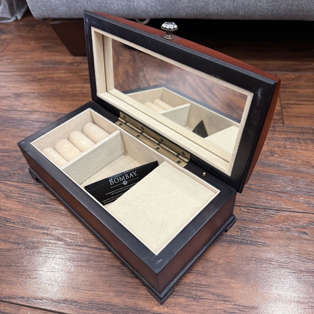 Vintage NWT Bombay Jewelry Box, Wood with Mirror 8.5" x 4.5" with marks, E9